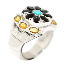 خاتم زفير طبيعي Yellow Sapphire & Blue Sapphire وفيروز Turquoise