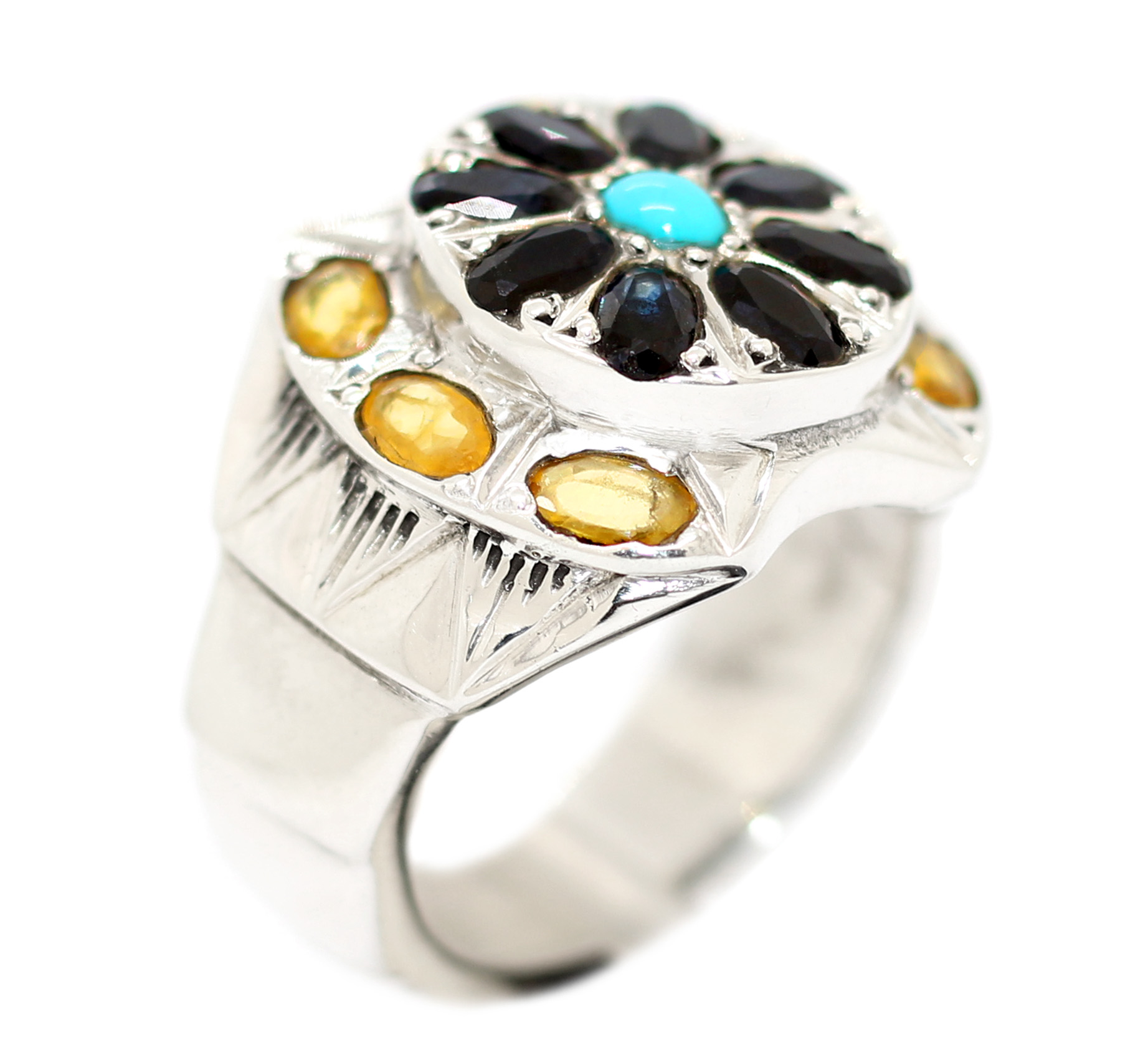 خاتم زفير طبيعي Yellow Sapphire & Blue Sapphire وفيروز Turquoise